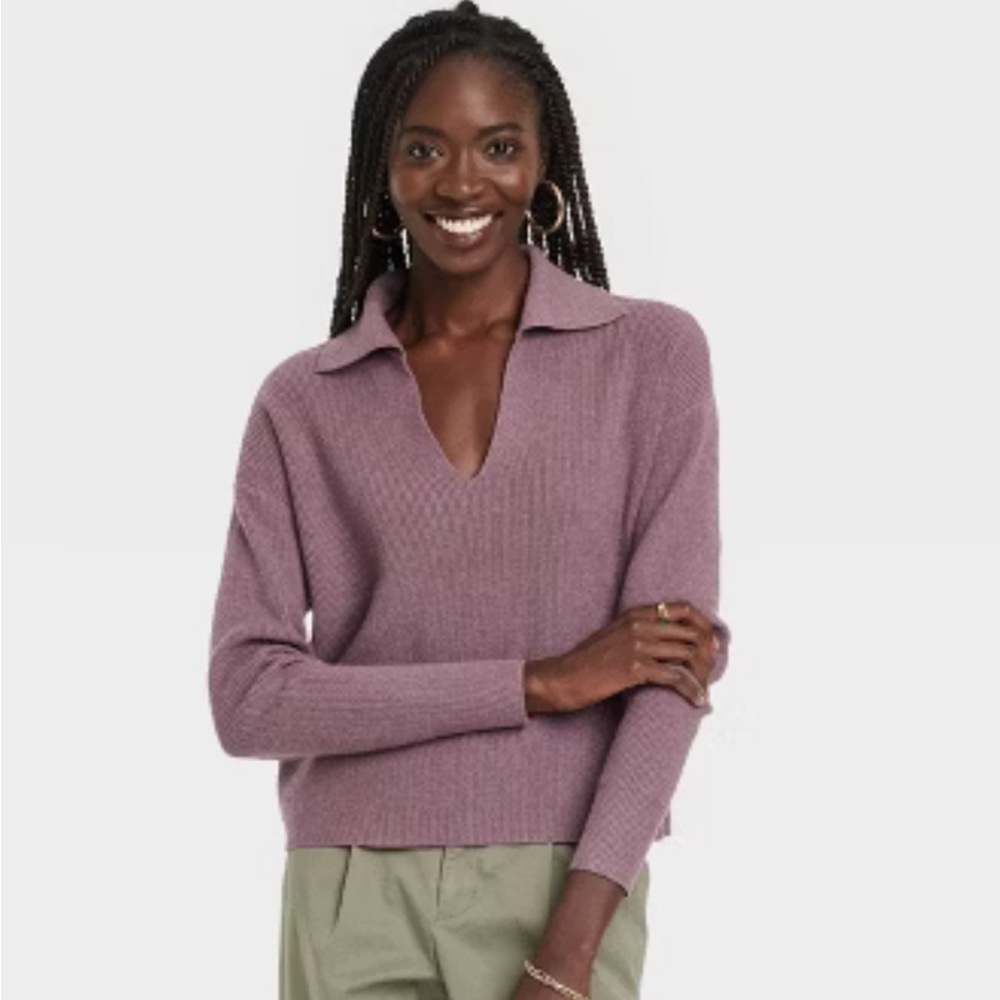 Collared Polo Ribbed Pullover Sweater - A New Day Purple XS
